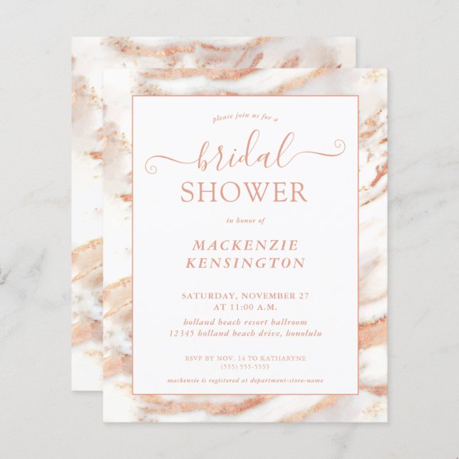 BUDGET Chic Copper Rose Gold Marble Bridal Shower (Front/Back)