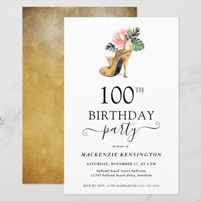 Budget Chic Floral Gold High Heels 100th Birthday (Front/Back)