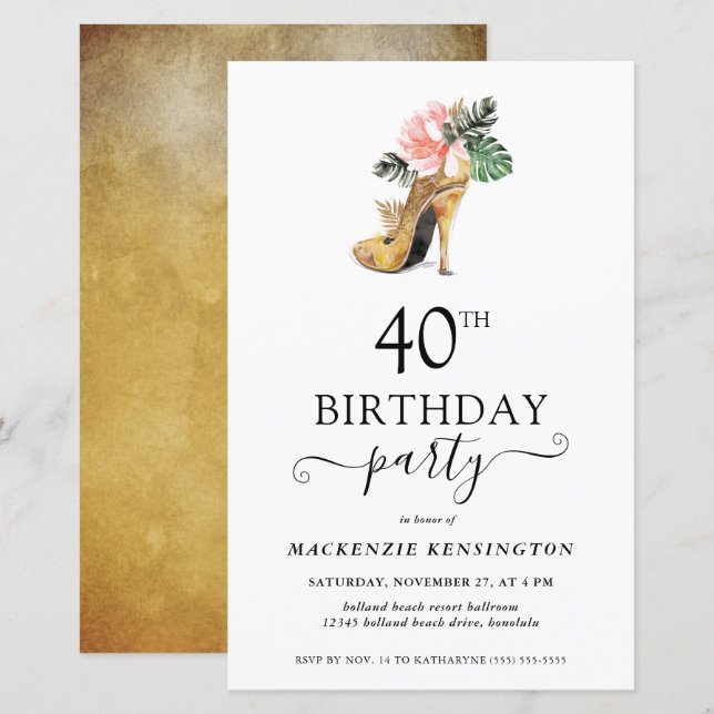 Budget Chic Floral Gold High Heels 40th Birthday (Front/Back)