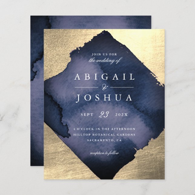 Budget Chic Gold Diamond Navy Watercolor Wedding (Front/Back)
