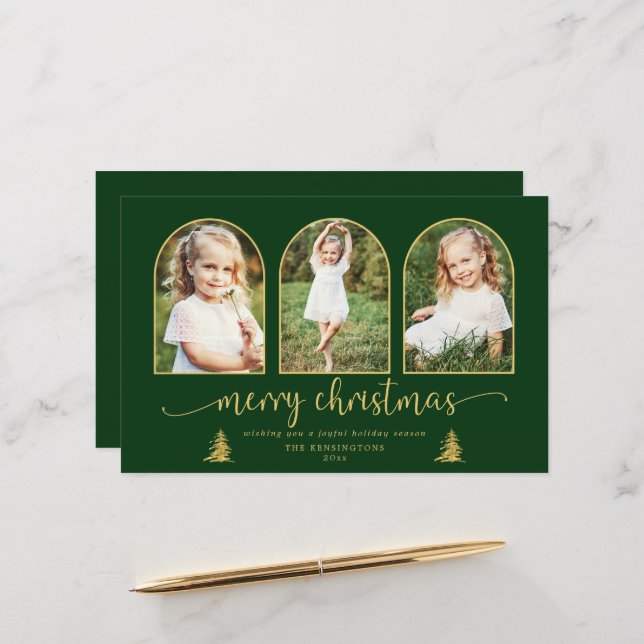 BUDGET Chic Gold Tree Arch 3 Photo Christmas Card (Front/Back In Situ)