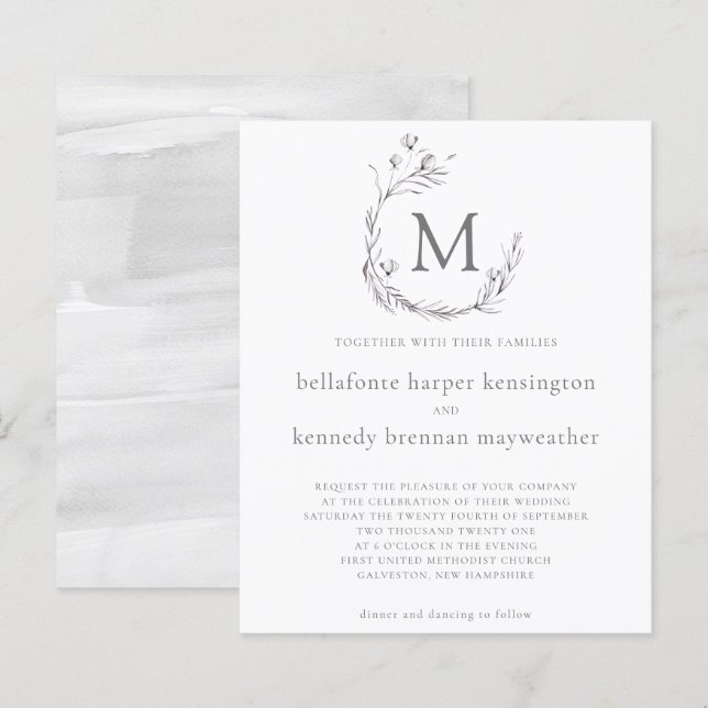 BUDGET Chic Grey White Watercolor Floral Wedding (Front/Back)