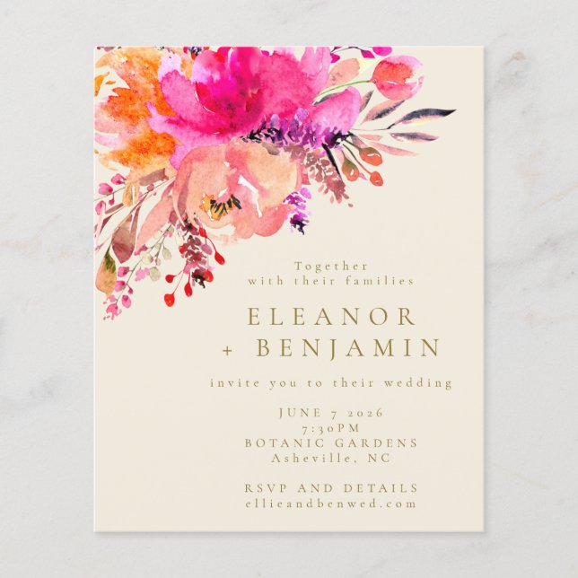 Budget Chic Pink Watercolor Floral Wedding Invite (Front)