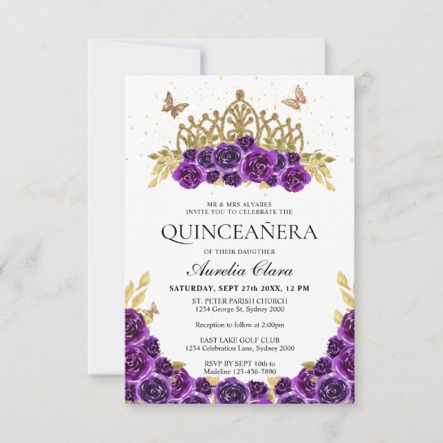 BUDGET Chic Purple Floral Gold Tiara Quinceanera Card (Front)