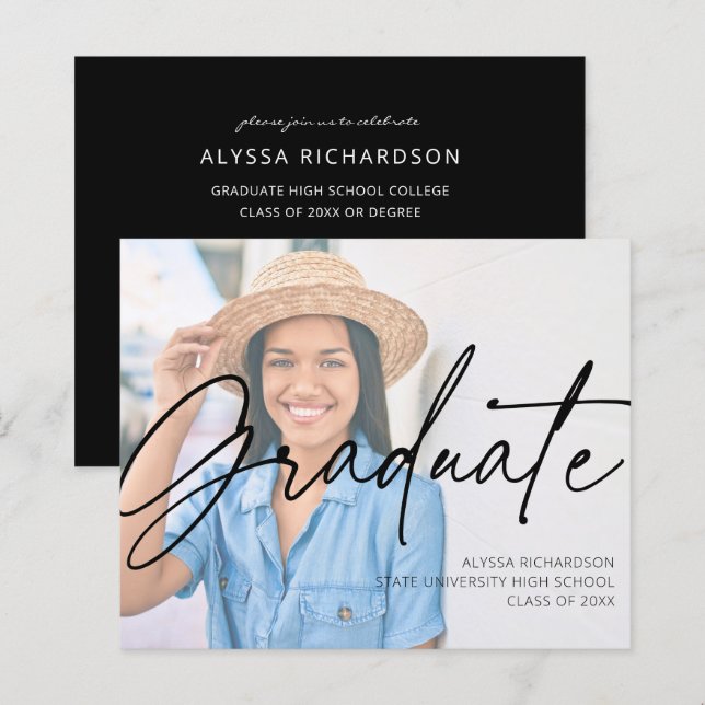 Budget Chic Script H Photo Graduation Party Black (Front/Back)
