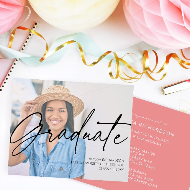 Budget  Chic Script H Photo Graduation Party Pink Flyer (Creator Uploaded)