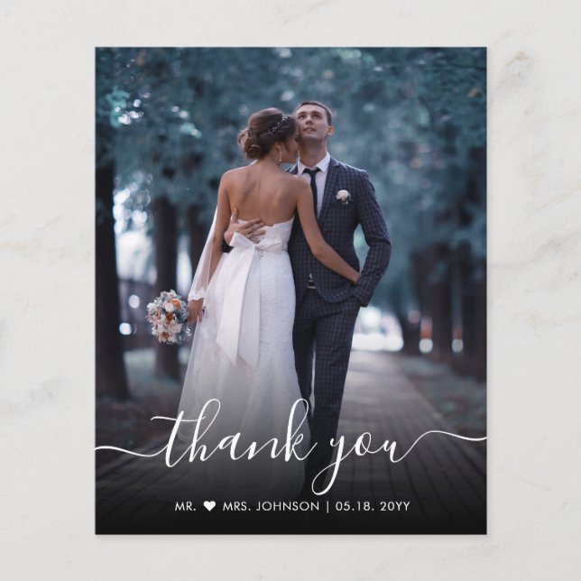 Budget Chic Script Photo Wedding Thank You Card (Front)