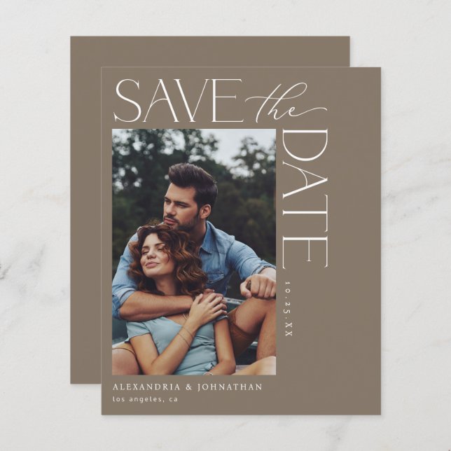 Budget Chic Stylish Mod Photo Save the Date 2 Taup (Front/Back)