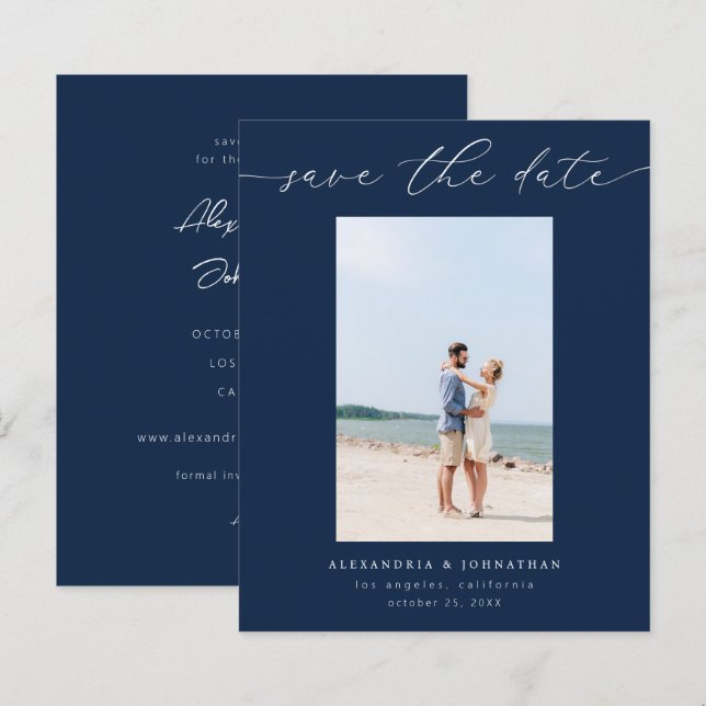 Budget Chic Stylish Mod Photo Save the Date 3 Navy (Front/Back)