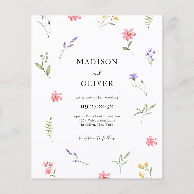 BUDGET Chic Wildflower Foliage Watercolor Wedding (Front)
