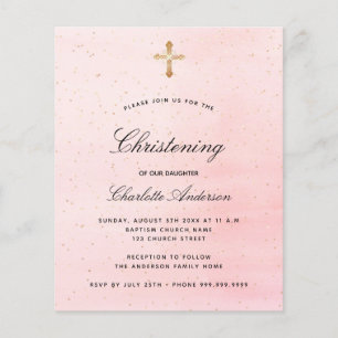 Budget christening blush pink gold girl invitation