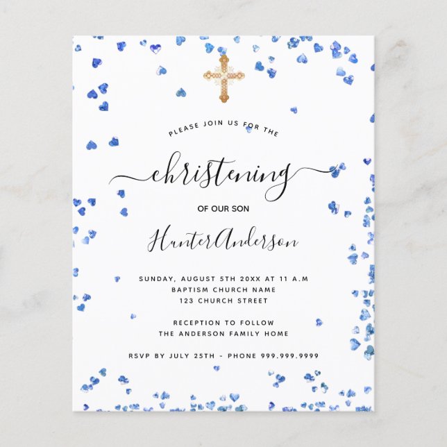 Budget christening boy blue hearts invitation (Front)