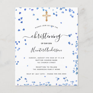 Budget christening boy blue hearts invitation