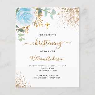 Budget christening eucalyptus blue floral gold boy