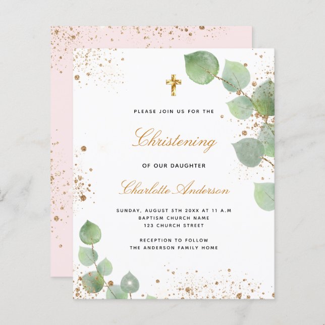Budget christening eucalyptus blush invitation (Front/Back)