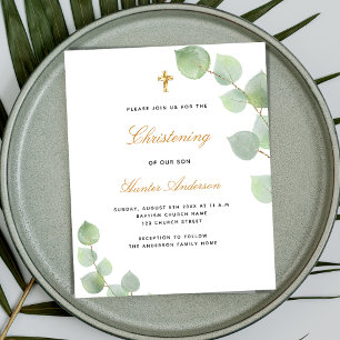 Budget christening eucalyptus gold blue invitation