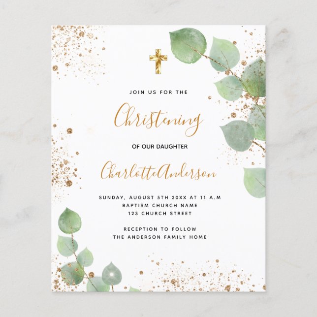 Budget christening eucalyptus gold invitation (Front)