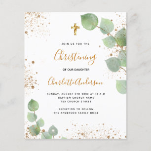 Budget christening eucalyptus gold invitation