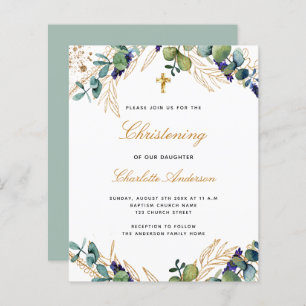 Budget christening eucalyptus gold invitation