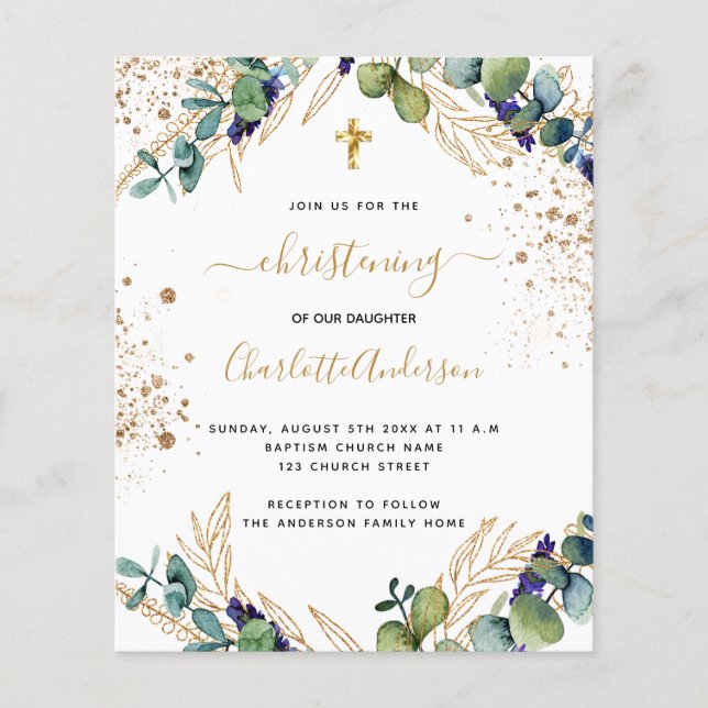 Budget christening eucalyptus greenery gold cross (Front)