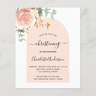 Budget christening eucalyptus rose floral arch