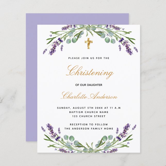 Budget christening lavender eucalyptus invitation (Front/Back)