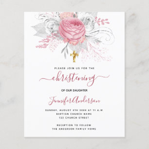 Budget Christening pink florals girl invitation