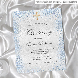 Budget christening silver blue boy invitation