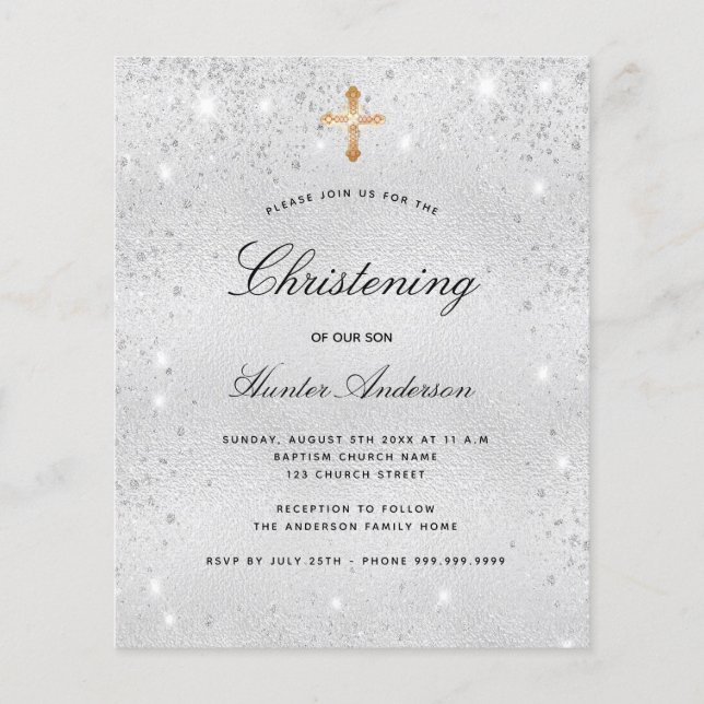 Budget christening silver boy girl invitation (Front)
