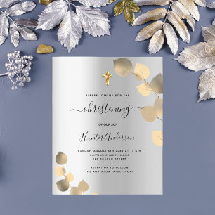 Budget christening silver eucalyptus invitation