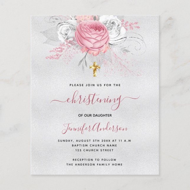 Budget Christening silver pink floral invitation (Front)
