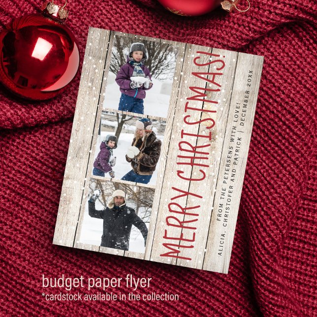 Budget Christmas 3 photo collage wood Holiday Card (Creator Uploaded)