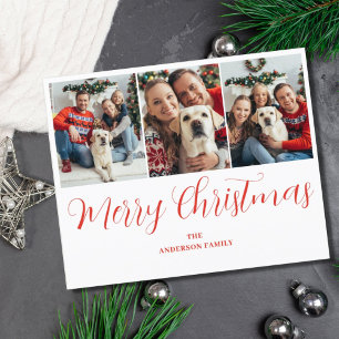 Budget Christmas 3 Photo Red Typography Card 