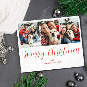 Budget Christmas 3 Photo Red Typography Card 