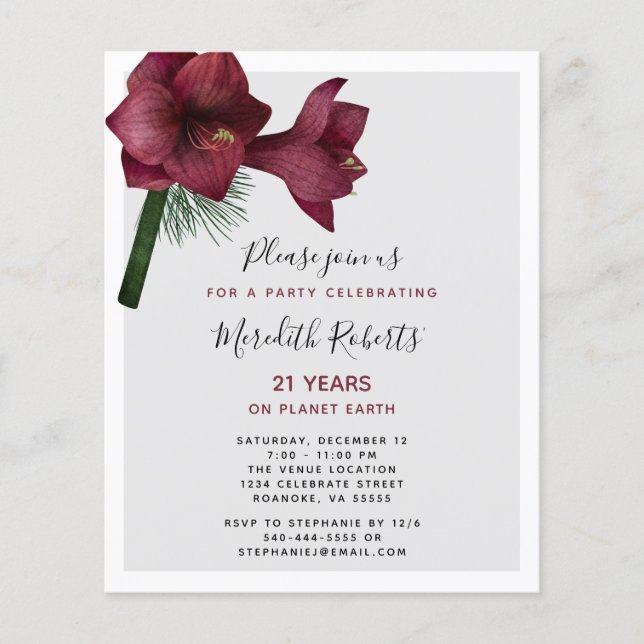 Budget Christmas Amaryllis 21st Birthday Invite (Front)