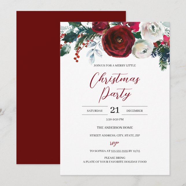 Budget Christmas Festive Floral Red White Party Invitation (Front/Back)