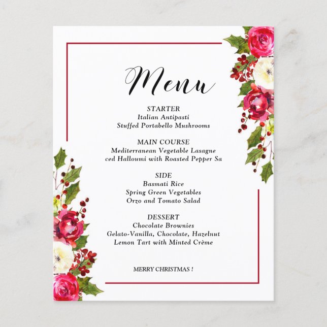 Budget Christmas Floral Menu card (Front)