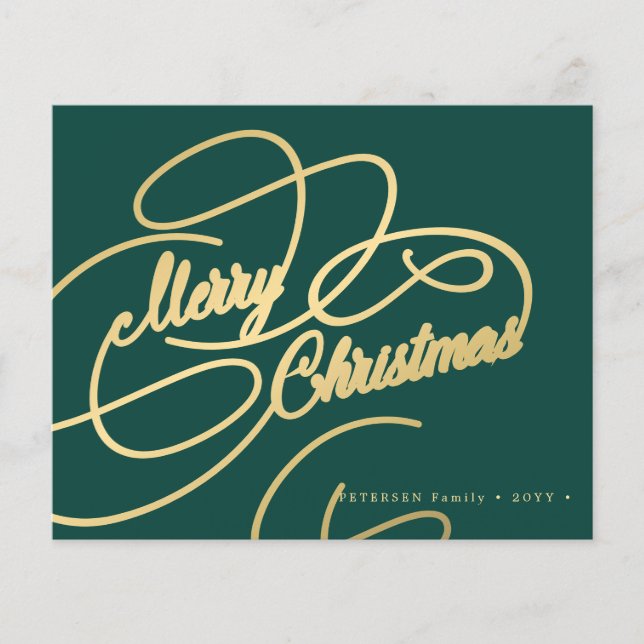 Budget Christmas gold script green holiday Card (Front)
