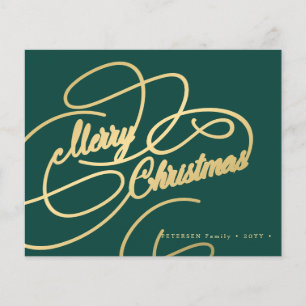 Budget Christmas gold script green holiday Card