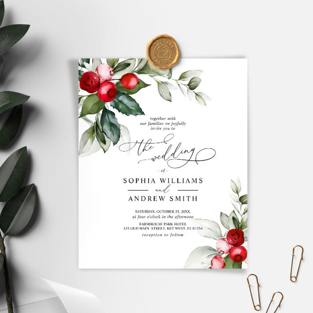 Budget Christmas Green & Berry Wedding Invitation (Christmas Wedding Invitation)