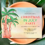 Budget Christmas In July Party Palm Trees Invite<br><div class="desc">This budget Christmas in July party invitation is decorated with watercolor sunset, palm trees with lights, and baubles. Easily customizable. Use the Design Tool to change the text size, style, or color. Because we create our artwork you won't find this exact image from other designers. Original Watercolor © Michele Davies....</div>