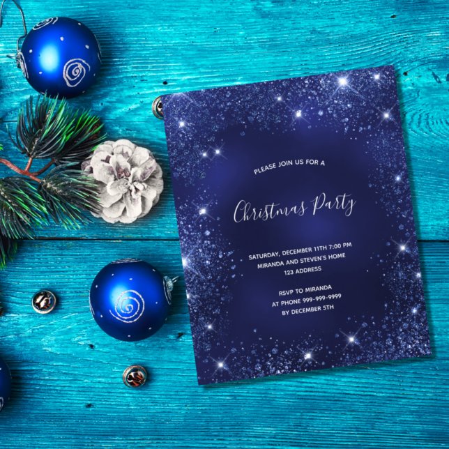 Budget Christmas Party blue glitter invitation (Creator Uploaded)
