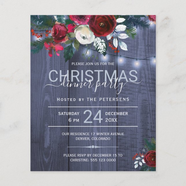 Budget Christmas party rustic floral invitation (Front)