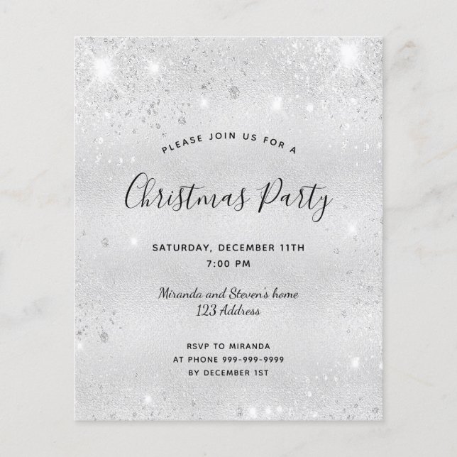Budget Christmas party silver glitter invitation (Front)