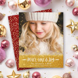 Budget Christmas Photo Peace Love Joy Glitter Card<br><div class="desc">“Peace, love & joy.” A playful visual of white whimsical, handwritten typography and tiny, faux gold glitter stars against your personalised photo, helps you usher in Christmas and New Year. Feel the warmth and joy of the holiday season whenever you send this stylish and modern personalised, custom holiday photo budget...</div>