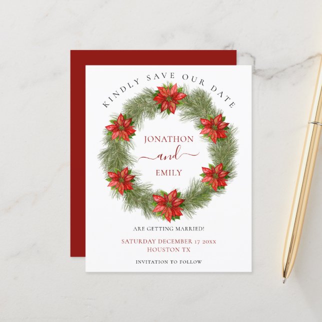 Budget Christmas Poinsettia Wedding Save the Date (Front/Back In Situ)