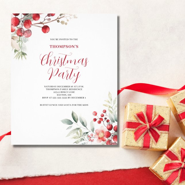 Budget Christmas Red Berry Floral Party Invitation Flyer (Creator Uploaded)
