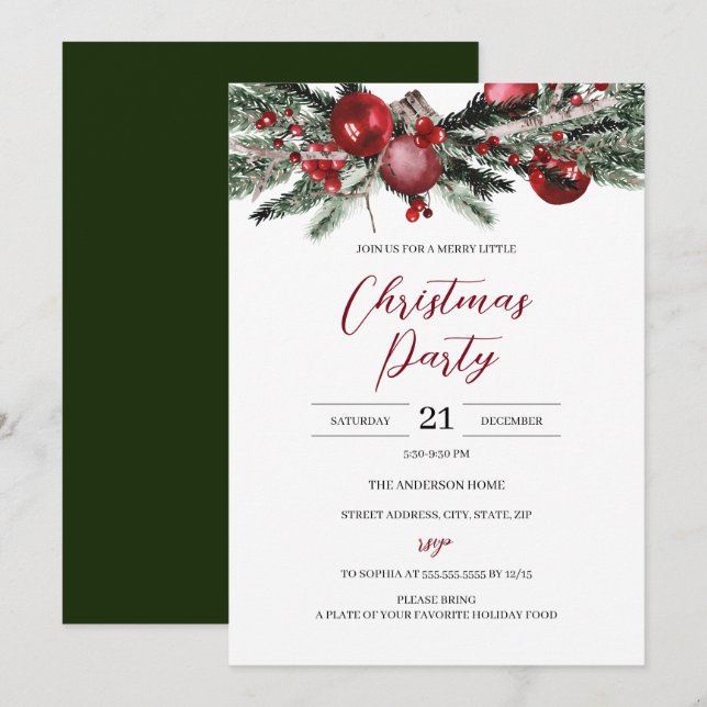 Budget Christmas Red Green Festive Floral Party  Invitation (Front/Back)