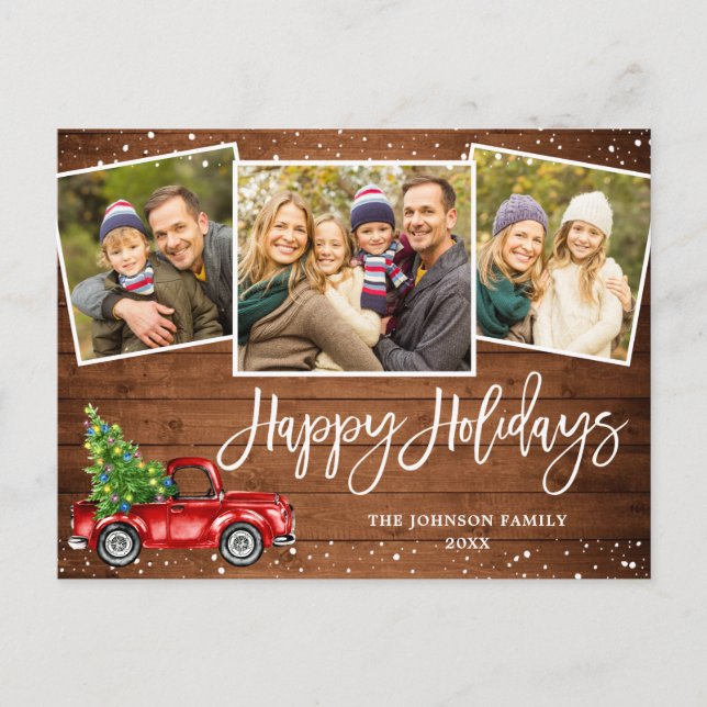 Budget Christmas Red Truck 3 PHOTO Holiday Card (Front)