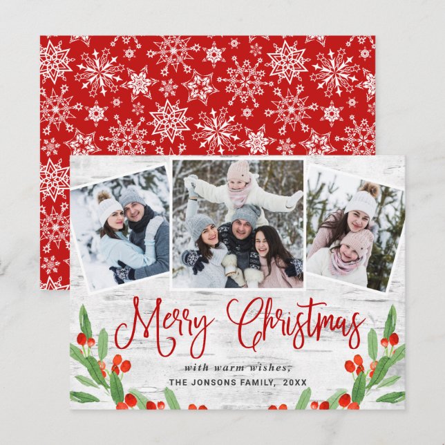 Budget Christmas Rustic 3 PHOTO Greeting Card (Front/Back)